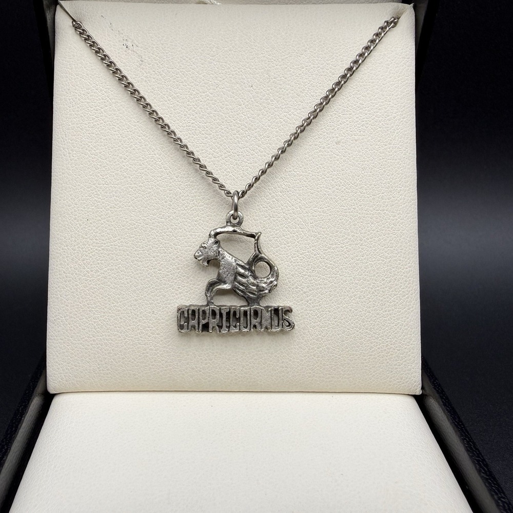 Vintage Silver Tone CAPRICORNUS Zodiac Pendant Necklace Astrology Earth Sign